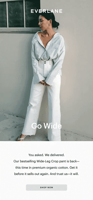 A simple and effective back in stock email example design from Everlane featuring the restocking of a best seller