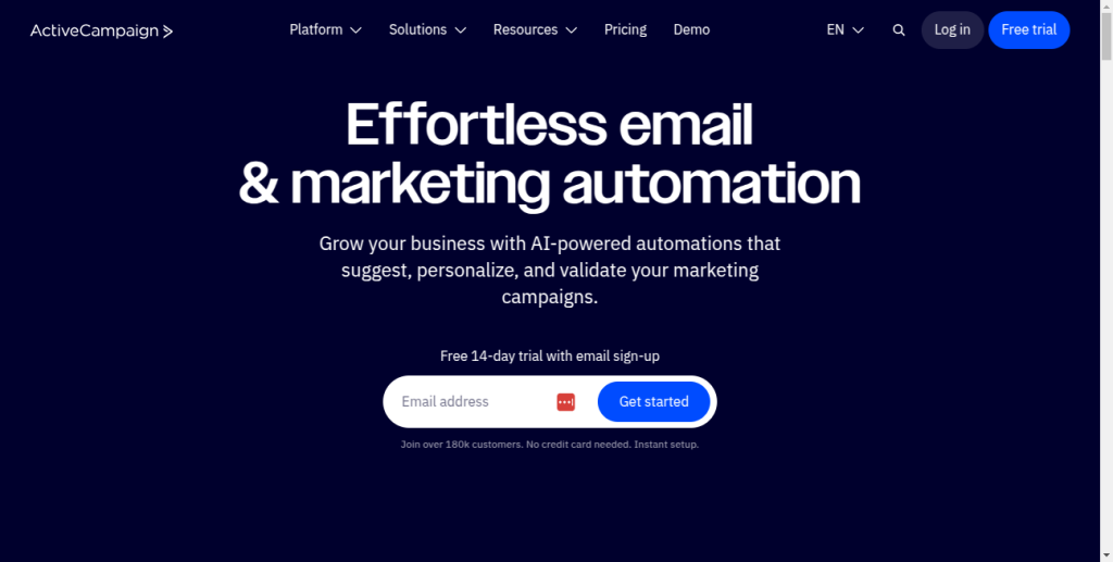 ActiveCampaign landing page promoting effortless email marketing automation and AI tools for email personalization