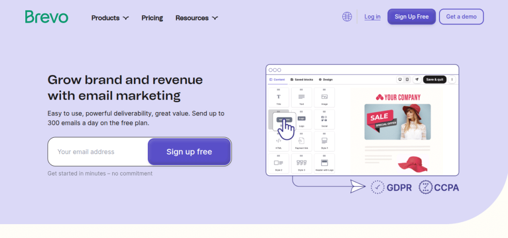 Brevo landing page promoting their email marketing platform with ease of use and deliverability.