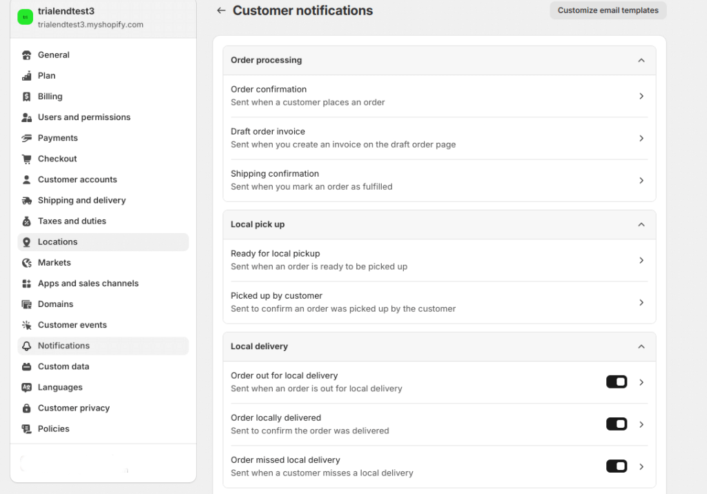 List of customer notifications in Shopify Admin