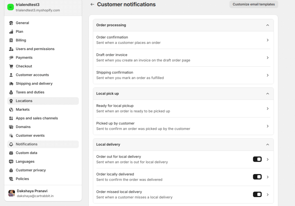 Customizing order email after purchase templates in Shopify Admin