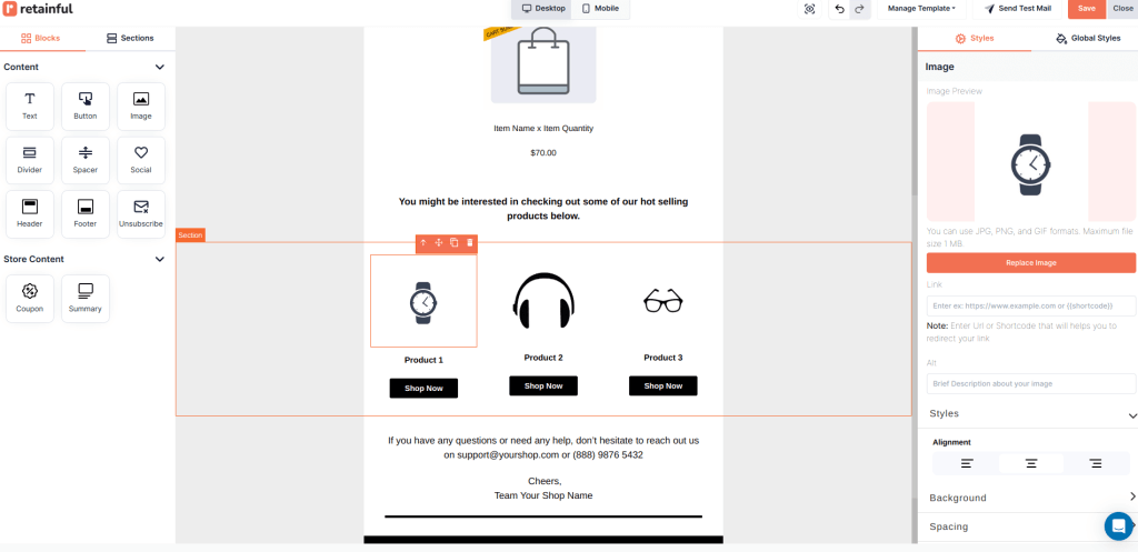 Editing - Shopify post-purchase email template with drag-and-drop editor in Retainful