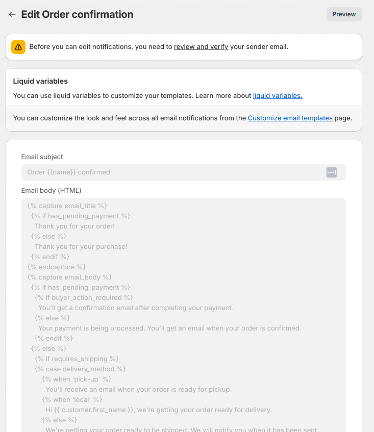 HTML editor in Shopify for editing post-puchase email templates