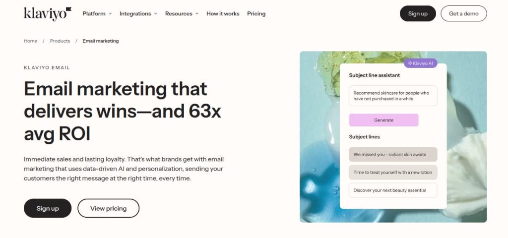 Klaviyo Email promotes data-driven and targeted email marketing for sales and loyalty. The image showcases their AI subject line assistant generating options for targeted customer outreach