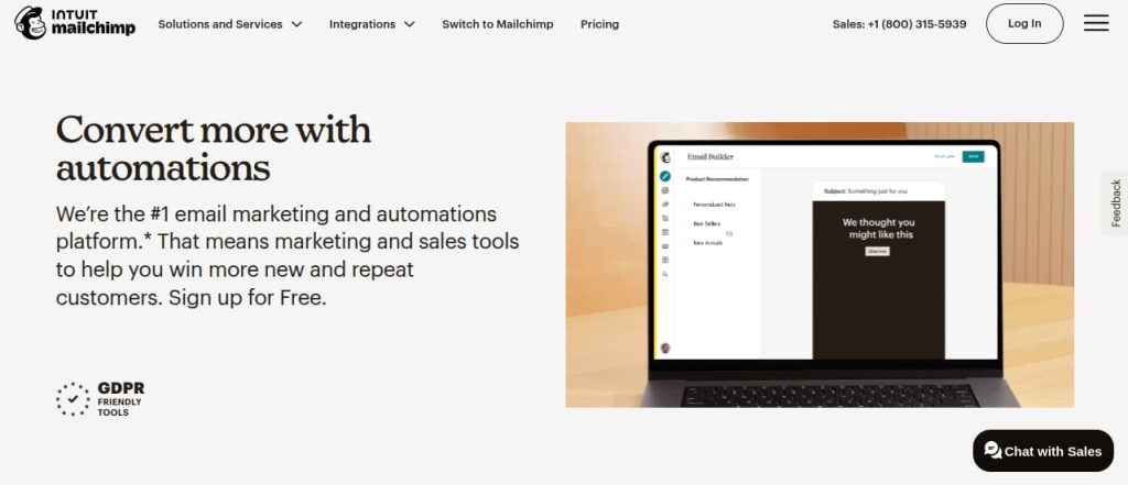 Landing page for Mailchimp, highlighting email marketing automation for increased conversions