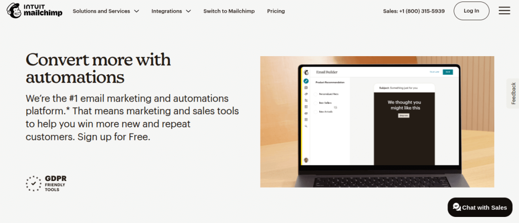 Landing page for Mailchimp, highlighting email marketing automation for increased conversions.