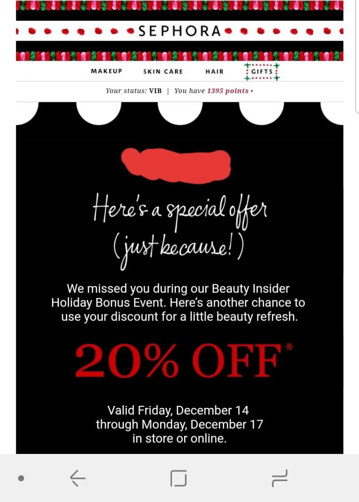 Marketing funnel based targeted email marketing example from Sephora, rewarding loyal customers