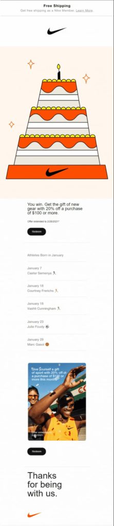 Nike behavioral segmentation birthday email focusing on occasion-based segmentation and purchase based behavior segmentation targeting loyal Nike members