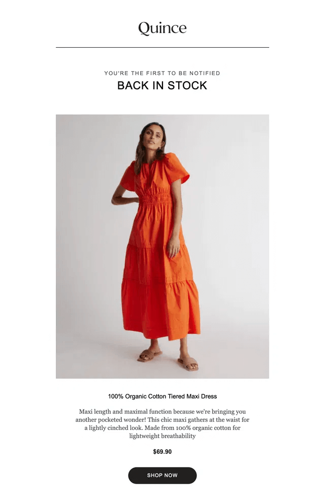Personal and exclusive back in stock email example from Quince displaying the product with a detailed description