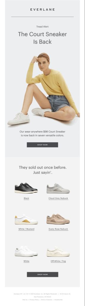 Product restock email template from Everlane showcasing different products available in the restocked category