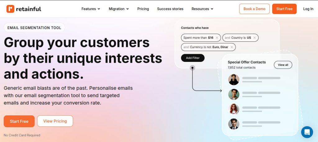 Screenshot of Retainful landing page for targeted emails through customer segmentation. It highlights grouping based on spending, location, and currency to personalize email marketing