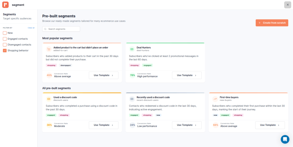 Screenshot of the Retainful’s pre-built segments for eCommerce, for different shopper’s behaviors like cart abandoners, deal hunters, discount users, and first-time buyers
