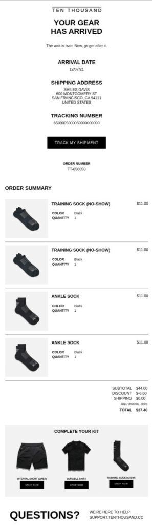 Shopify order confirmation post-purchase email example