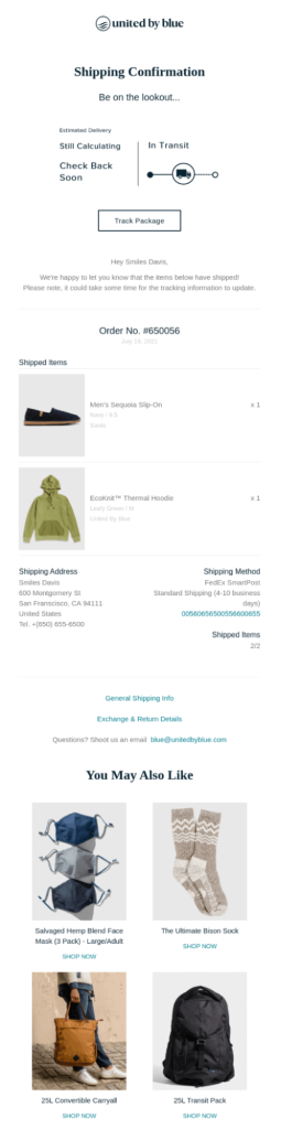 Shopify shipping confirmation post-purchase email example