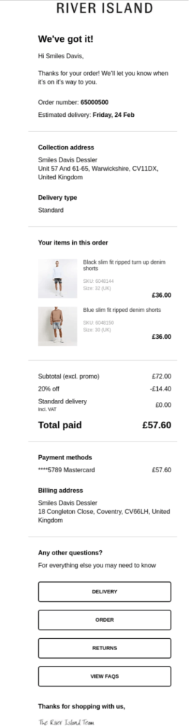 Shopify transactional email template for order confirmation