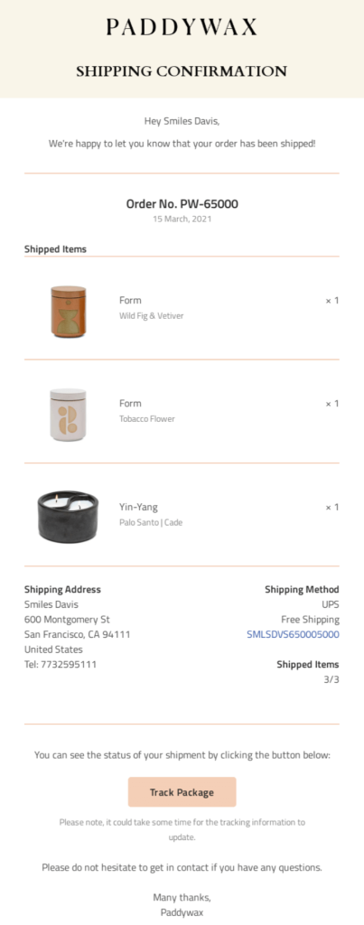 Shopify transactional email template for shipping confirmation