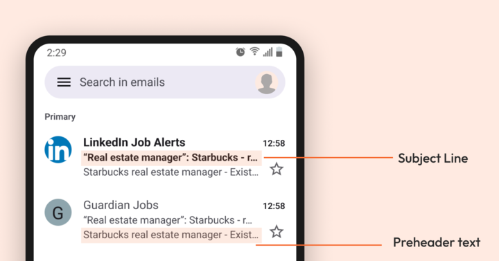 A mobile inbox interface with subject line and pre-header text.