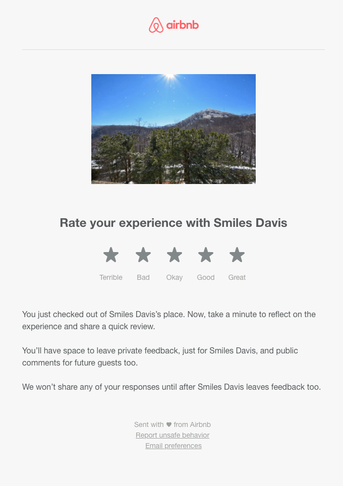 A product review request email example from Airbnb with multiple options