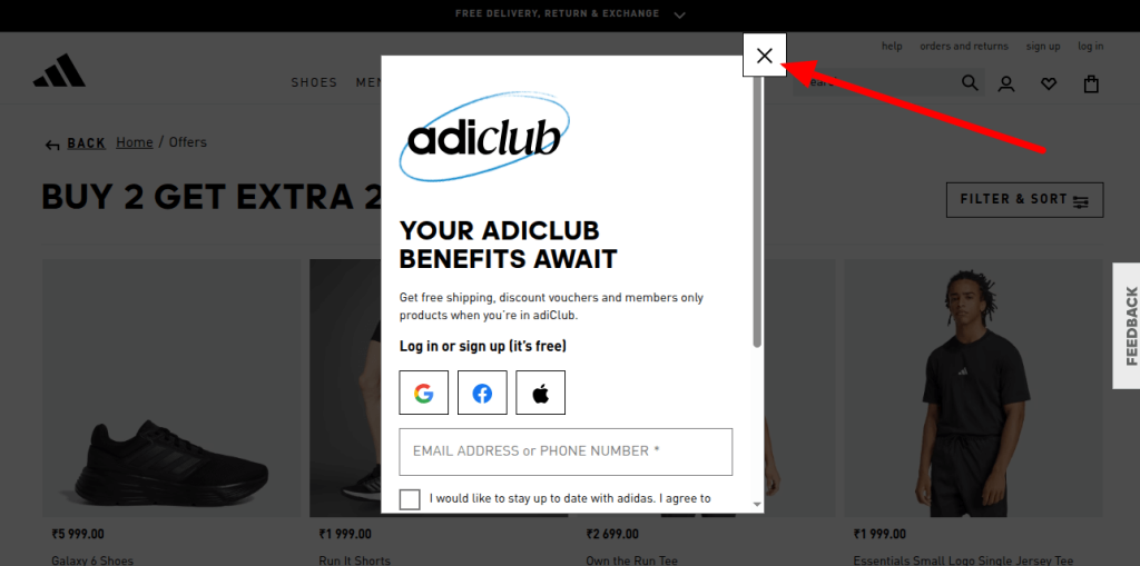 Adidas popup with a visible close icon