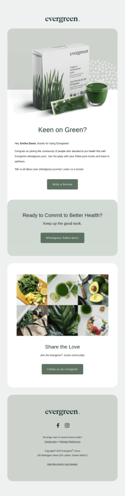 Community-driven review request email from Evergreen with a new subscription opportunity