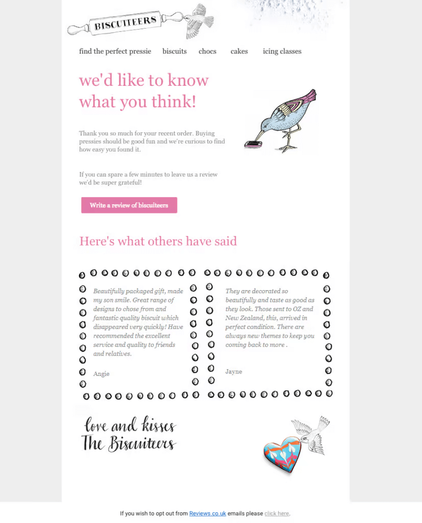 Customer review request email from Biscuiteers featuring feedback from other shoppers
