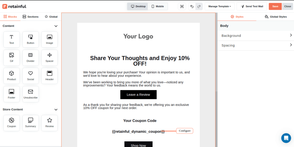 Design your feedback request email using Retainful’s email editor