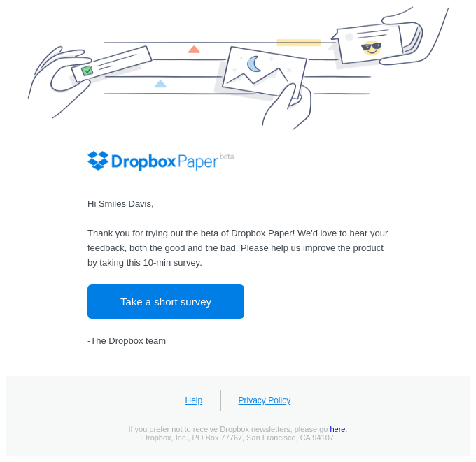 Dropbox’s feedback request email is in the product development phase