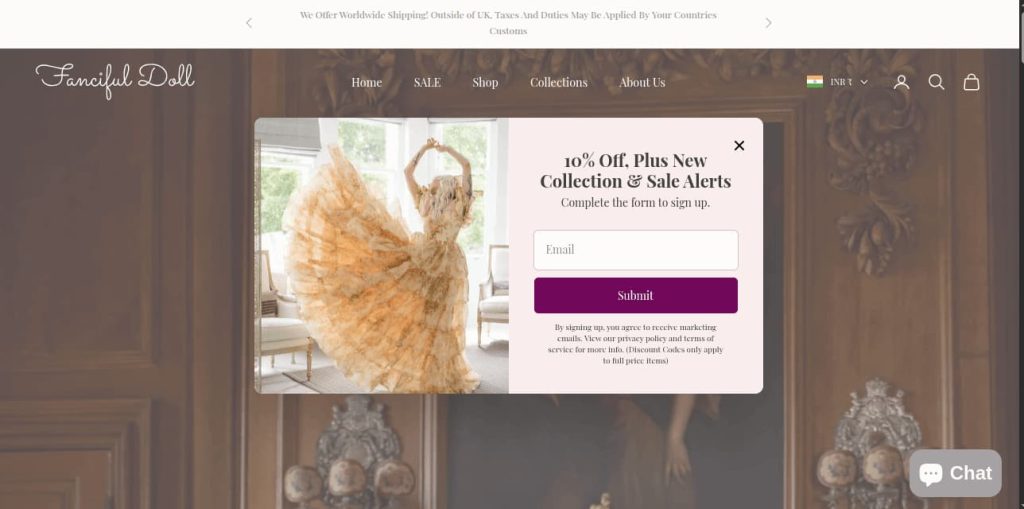 Fanciful doll popup design reflecting their brand and website aesthetics.