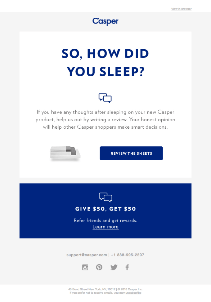 Product review request email example from Casper sent after purchase with referral link