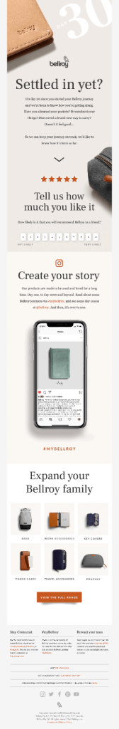Product review request email from Bellroy that uses a 1-10 scale NPS system