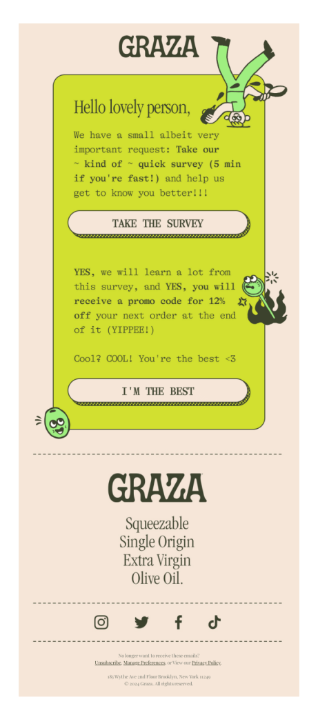 Product review request email from Graza written in a conversational tone