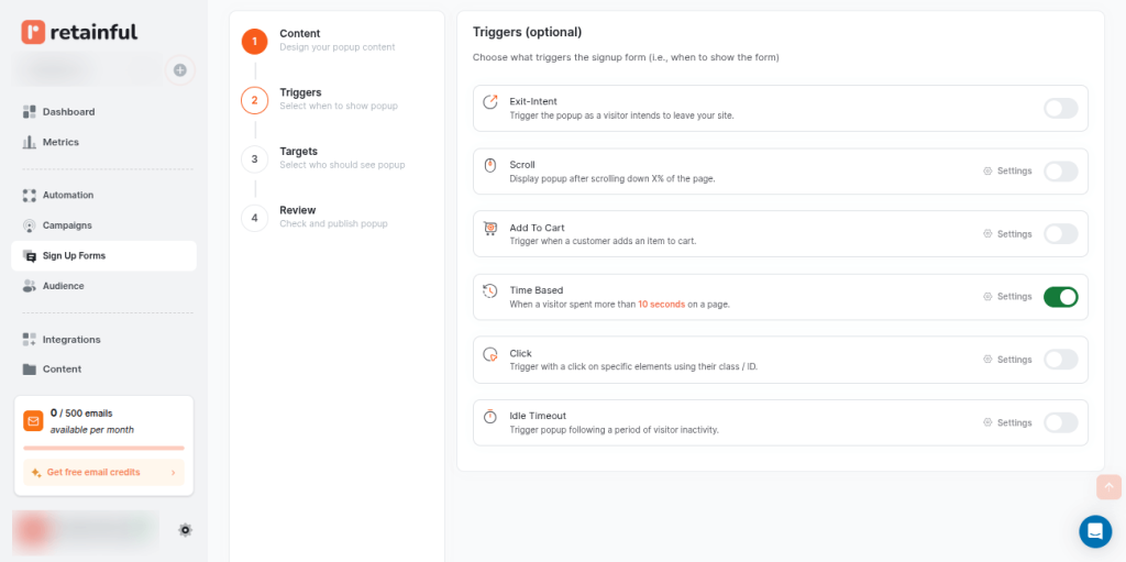 Retainful Trigger settings for Popups