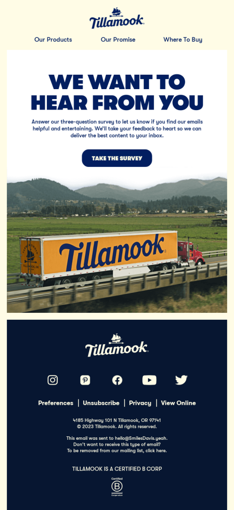 Review Request email sample from Tillamook