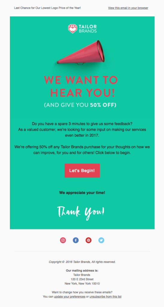 Review request email from Tailor Brands offering a 50% offer for a 3-minute survey