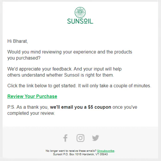 Reward-driven product review request email from Sunsoil with a $5 coupon as a reward