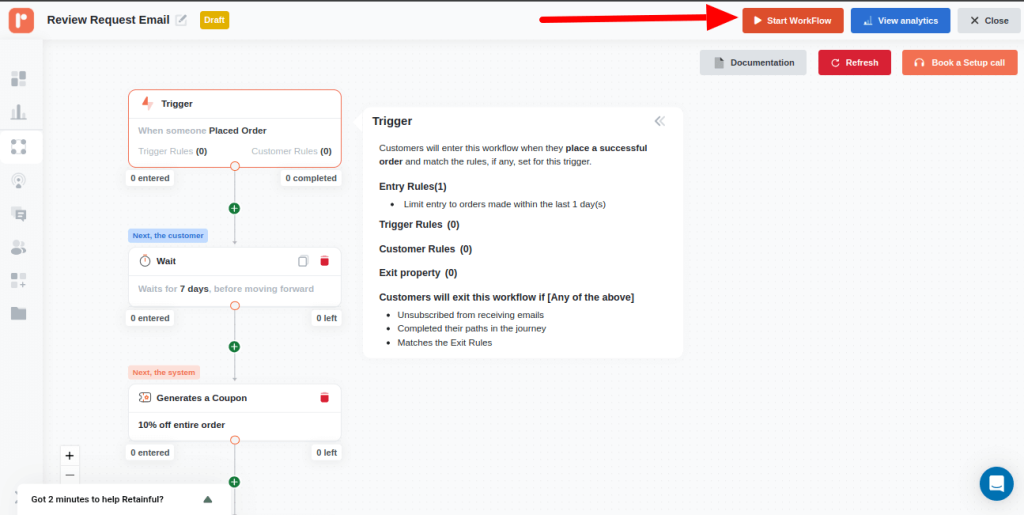 Start your review request workflow in Retainful