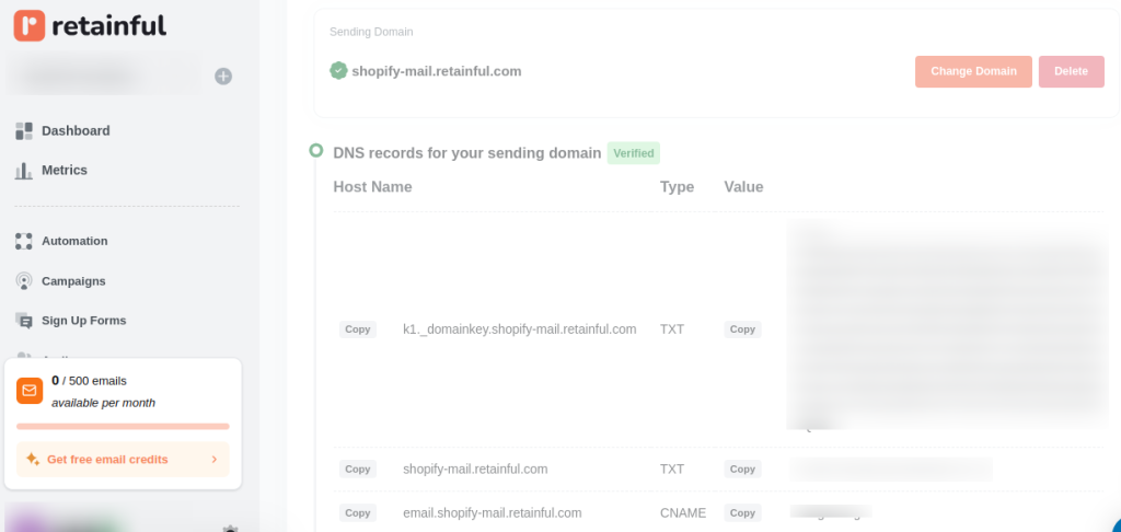 Example of a verified DNS record from Retainful