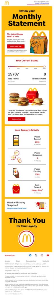 McDonald’s reward email that uses purchase behavior to target customers
