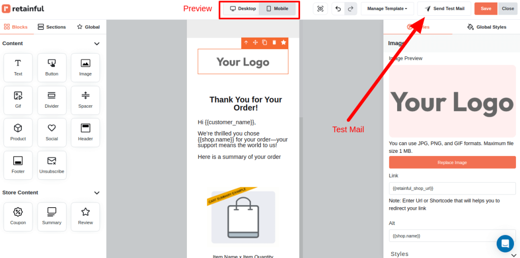 Preview option and test mail option in Retainful