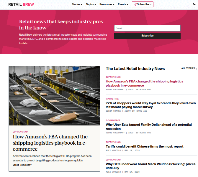 Retail Brew ecommerce newsletter with marketing and ecommerce news.