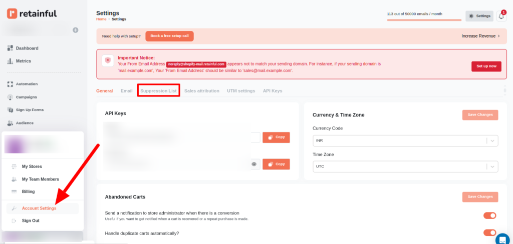 Retainful Account Settings Option 

