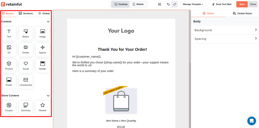 Retainful’s easy-to-use drag-and-drop email editor for email customization