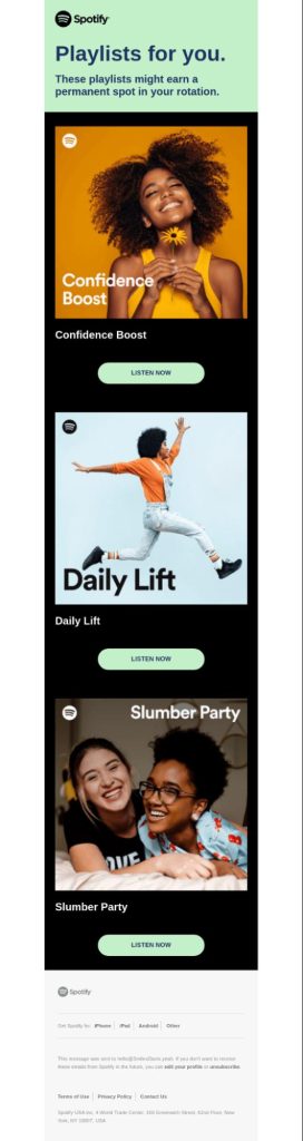 Spotify personalized playlist - example of behavioral targeting used in email personalization