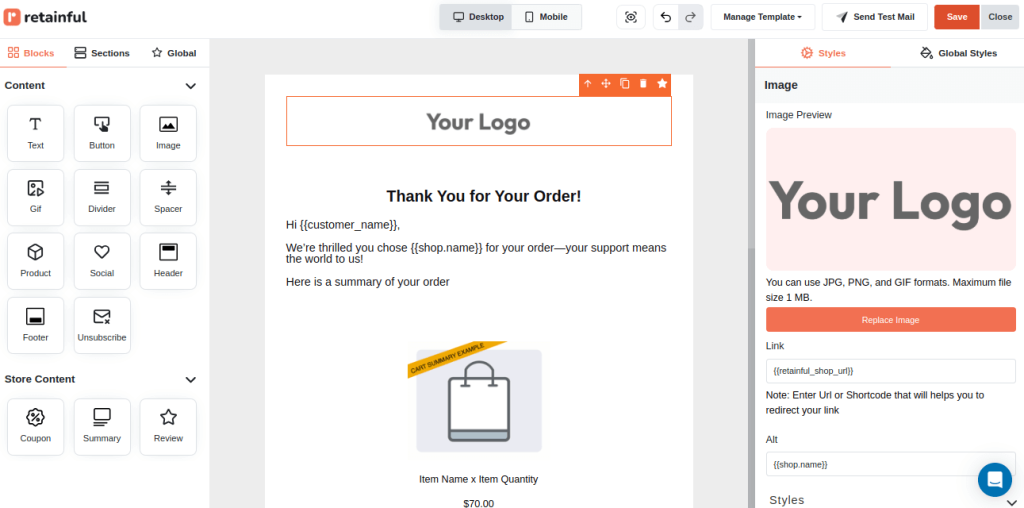 Style setting in Retainful email editor for logos