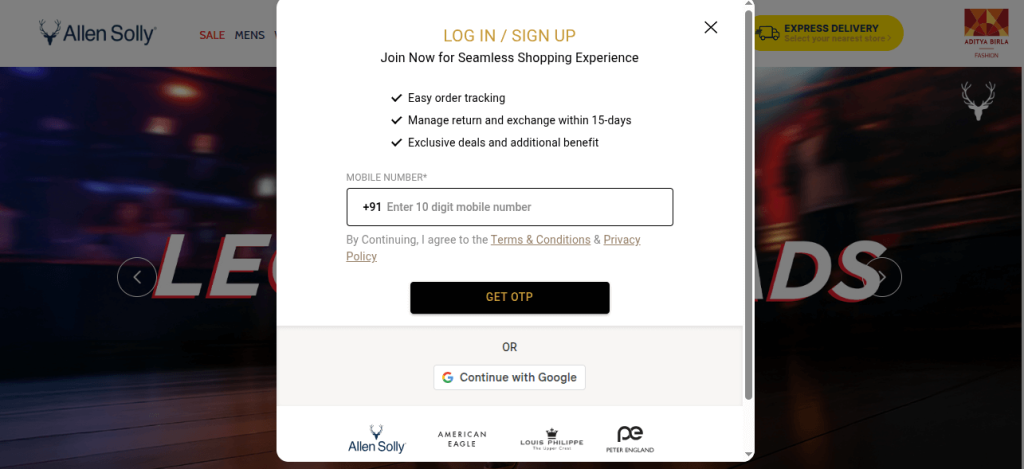 Allen Solly exit-intent website popup example