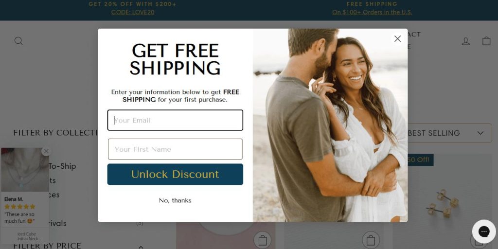Capsul Jewels website popup example offers free shipping for signing up