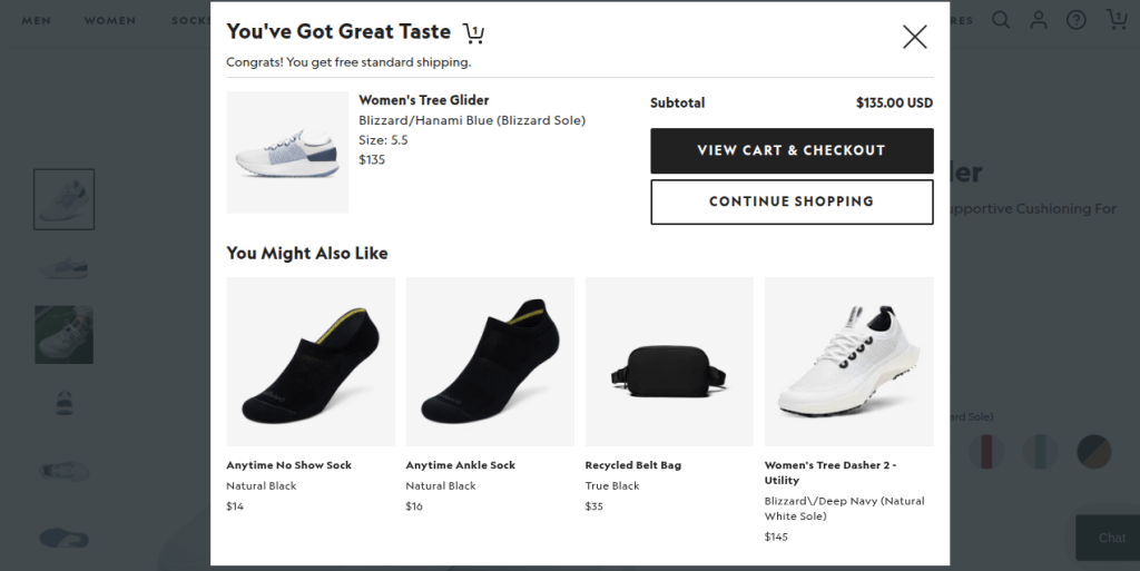 Click triggered add to cart confirmation website popup example