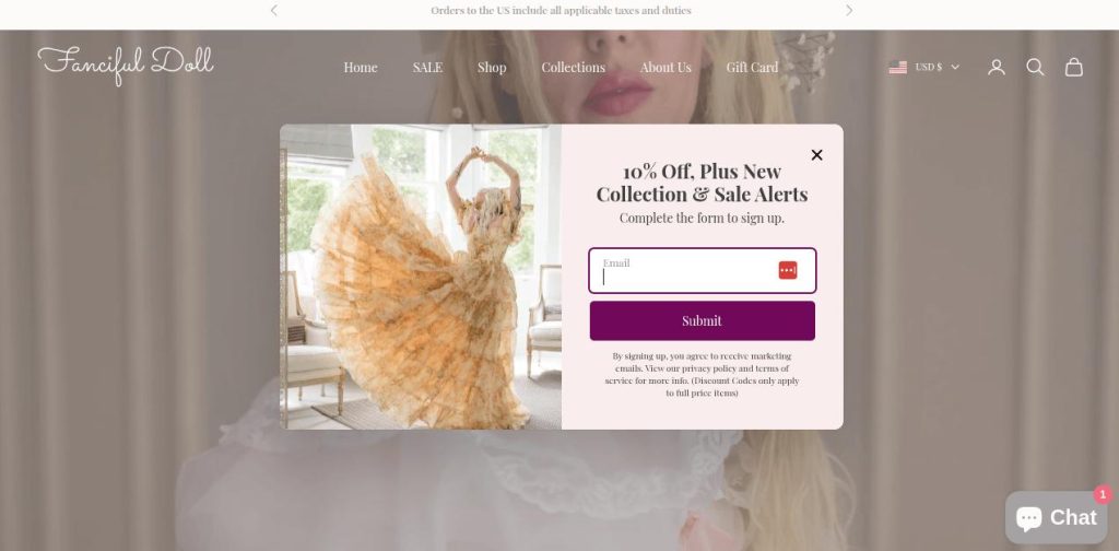 Fanciful Doll - Welcome popup triggered after clicking the 10% OFF teaser.