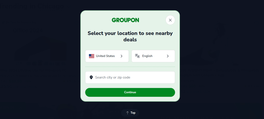 Geo-targeted website popup example from Groupon