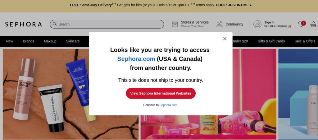 Regional redirect website popup example from Sephora